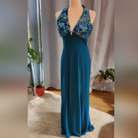 NIKI By Niki Livas Teal Sequin Halter Gown - Picture 3 of 11